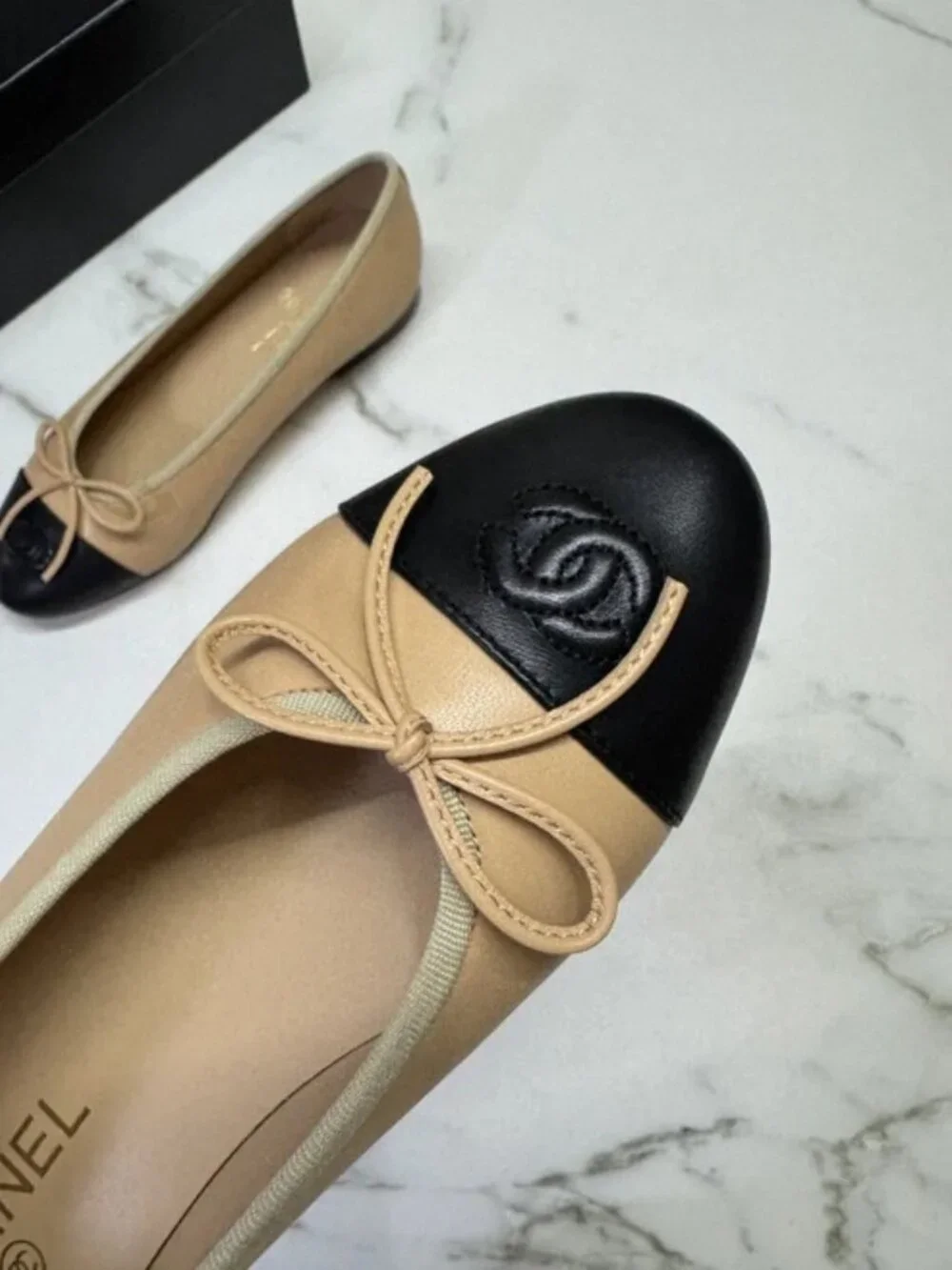 Chanel Beige Black Bow Cap Toe Ballet Flat Shoes